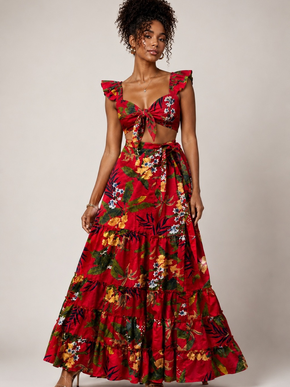 Luxxel Red Floral Maxi Dress with Green & Yellow Accents